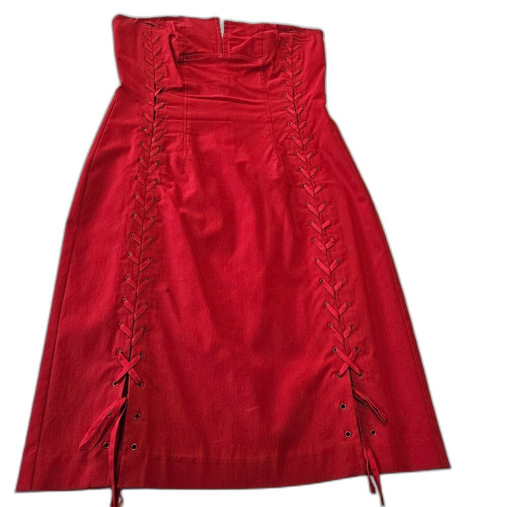 Express Y2K Red Dress Corset Lace-up Front Sz 7/8 Strapless Bodycon Knee Length